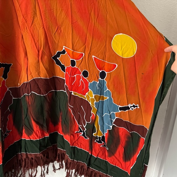 Kaftan Poncho Tunic One Size Relaxed Fit Cover Tassel Fringe Vibrant Multicolor - Picture 3 of 14